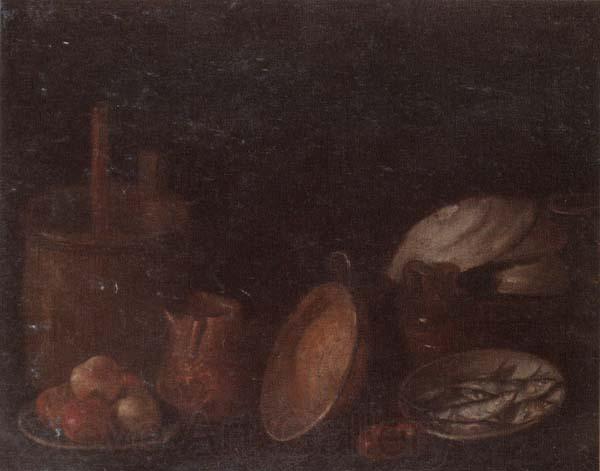 unknow artist Still life of apples and herring in bowls,a beaten copper jar,a pan and other kitchen implements